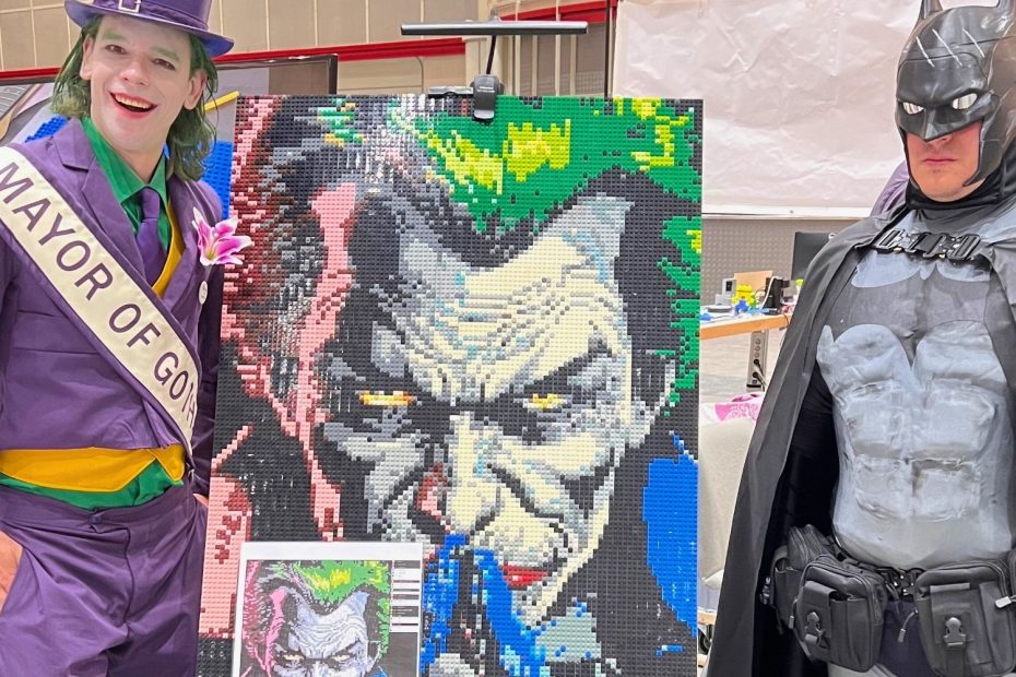 The Joker next to his Brick Mosaic portrait at Maker Faire Hannover 2024