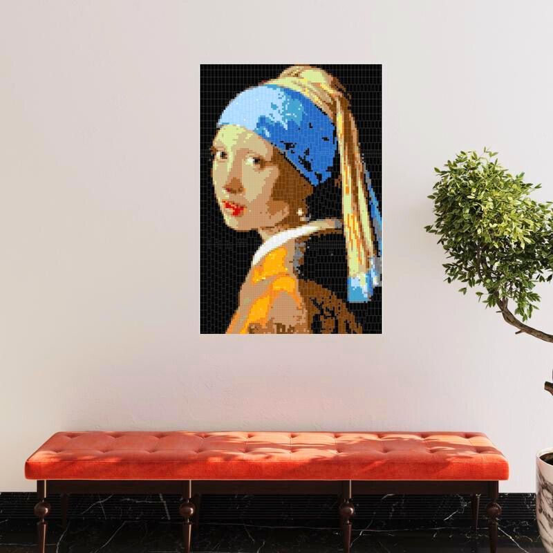 Preview Pictures of Vermeer's Girl with a Pearl Earring Custom Brick Mosaic Art in a living room environment