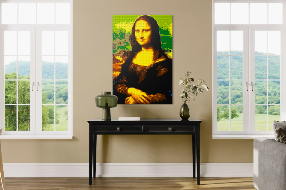a LEGO® brick mosaic of mona lisa on a wall