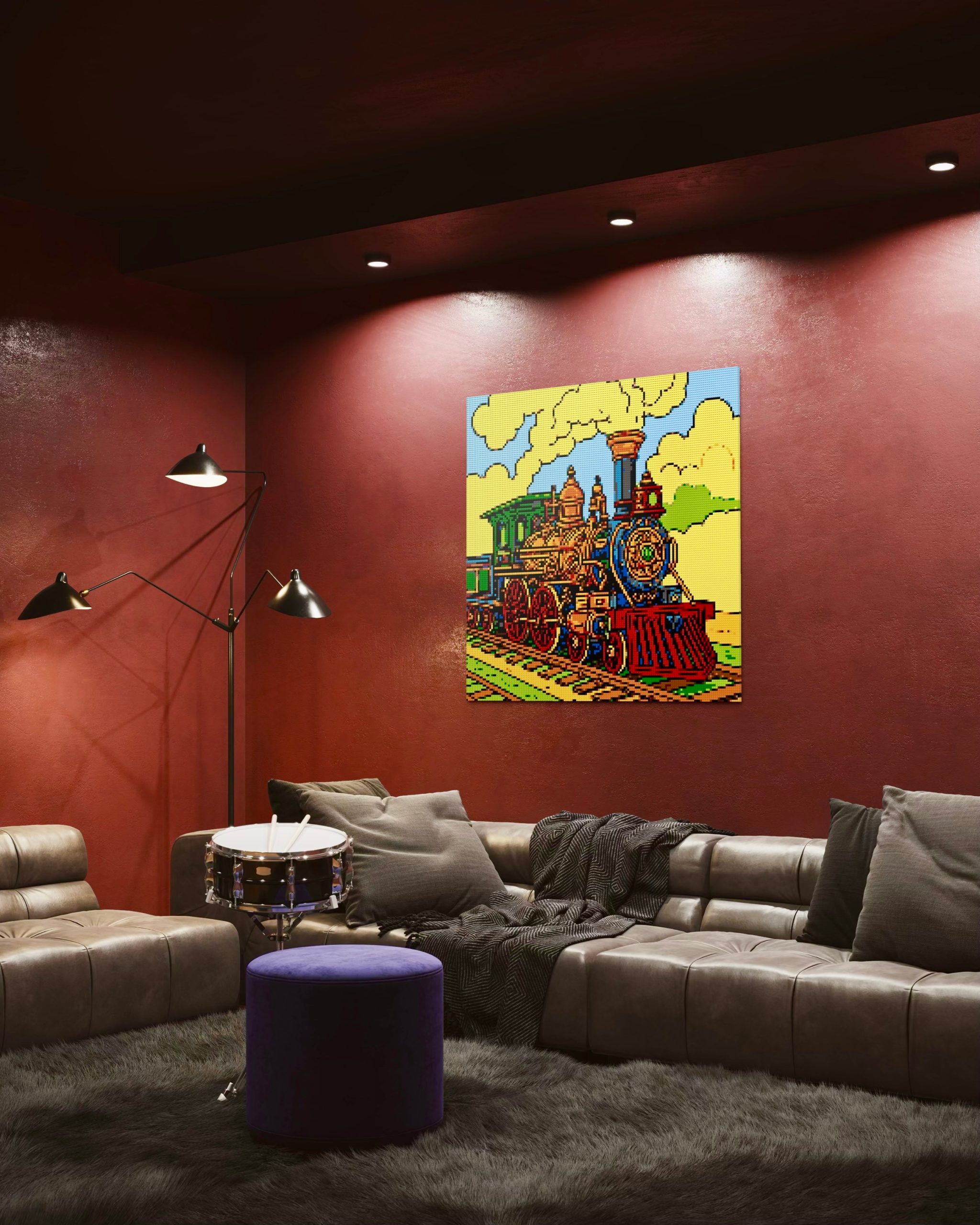 a room with a couch and drum set showing a pixel art, sizing 120x120 cm, of a steampunk locomotive train on the wall a room with a couch and drum set showing a pixel art, sizing 120x120 cm, of a steampunk locomotive train on the wall