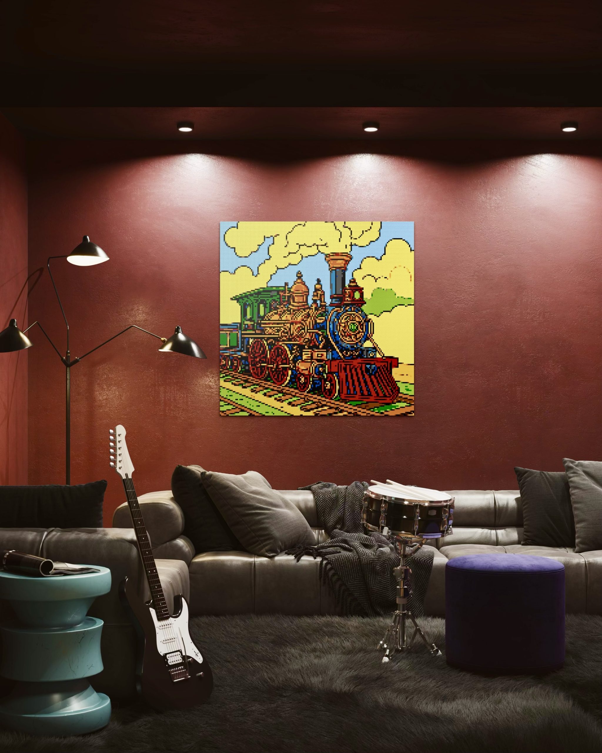 a room with a couch and drum set showing a pixel art, sizing 120x120 cm, of a steampunk locomotive train on the wall a room with a couch and drum set showing a pixel art, sizing 120x120 cm, of a steampunk locomotive train on the wall