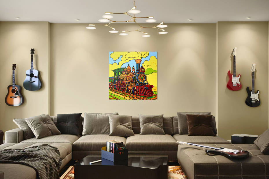 a living room with a large couch and a giant Steampunk Locomotive pixel art on the wall