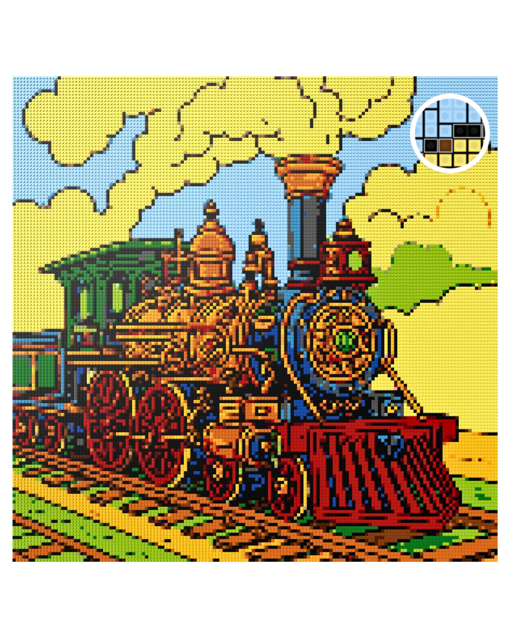 a pixel art, sizing 120x120 cm, of a steampunk locomotive train a pixel art, sizing 120x120 cm, of a steampunk locomotive train