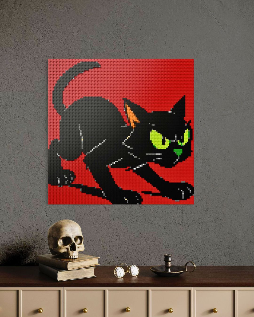 LEGO mosaic design of a 100x100 studs large Black Cat LEGO Mosaic hanging on a wall