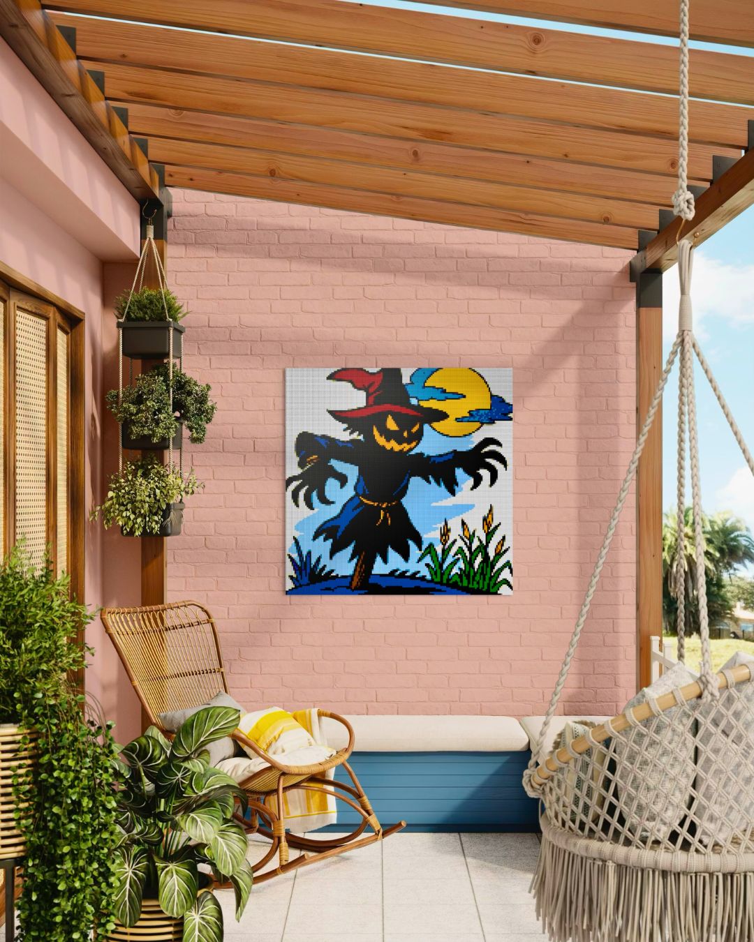 LEGO mosaic design of a 150x150 studs large Scarecrow Mosaic hanging on a balcony wall