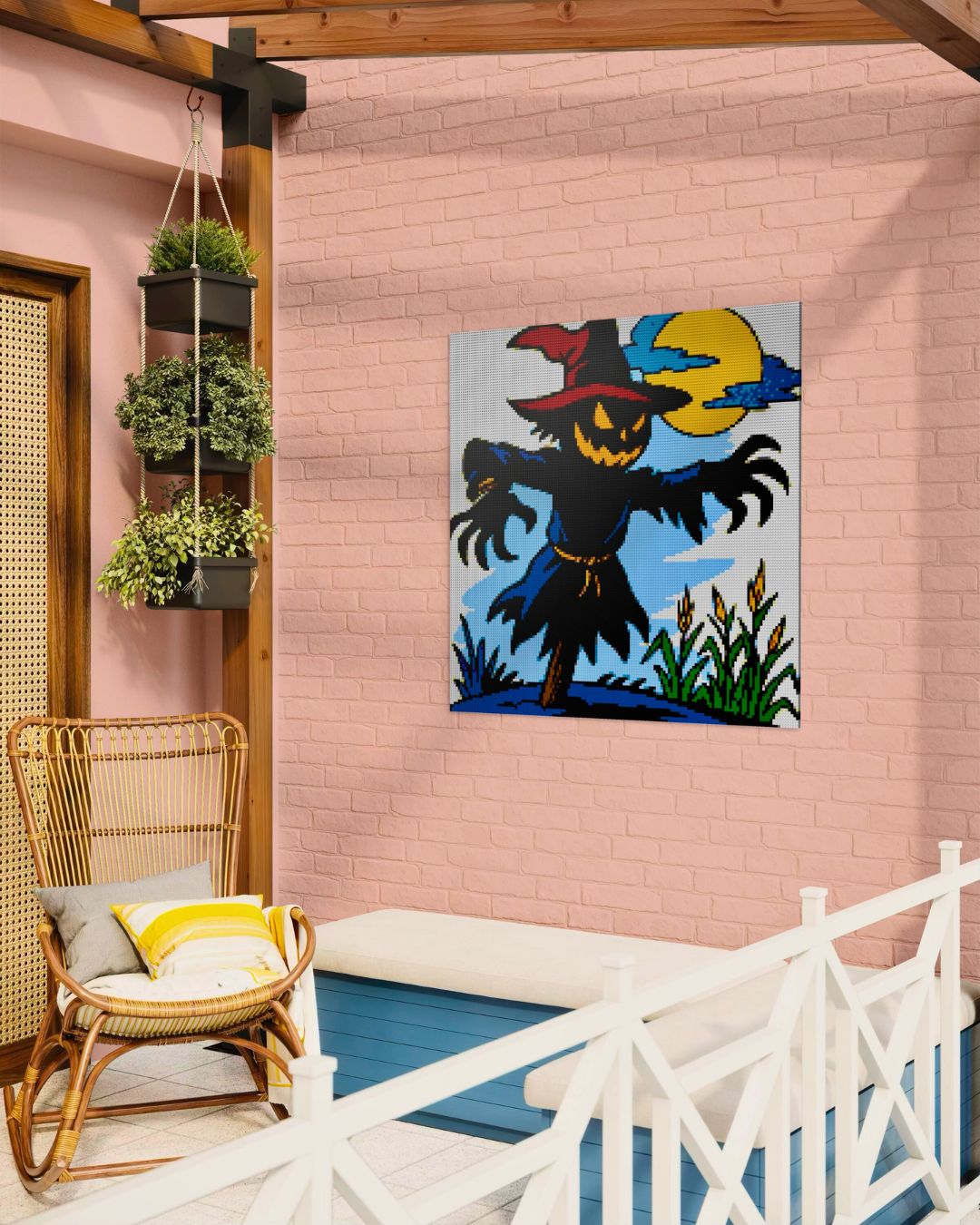 LEGO mosaic design of a 150x150 studs large Scarecrow Mosaic hanging on a balcony wall