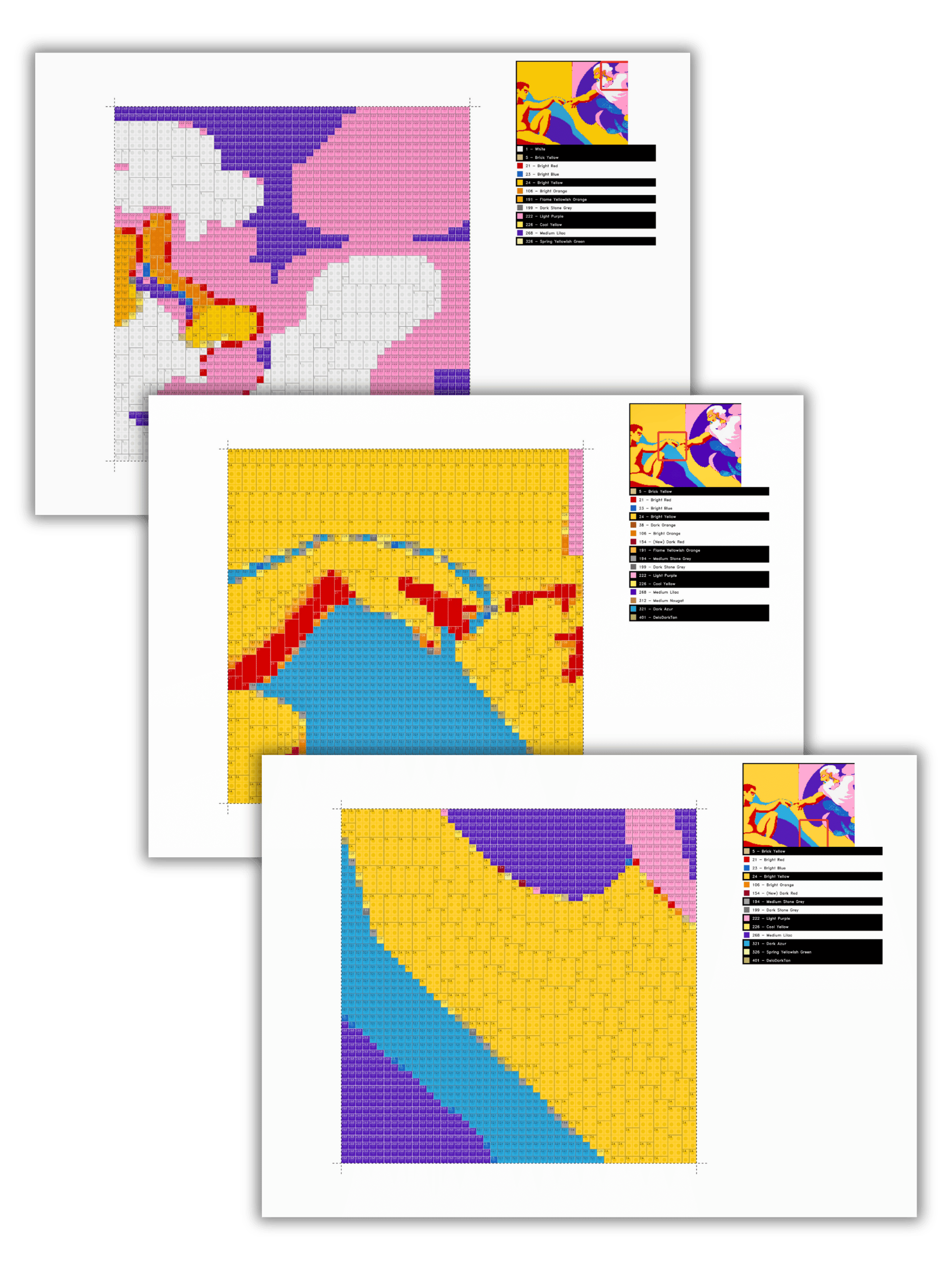 The Creation of Adam LEGO®-style mosaic build plan showing close-up construction sections, original LEGO® color palette and detailed brick placement layout for a large-scale pop-art brick mosaic artwork inspired by Michelangelo.