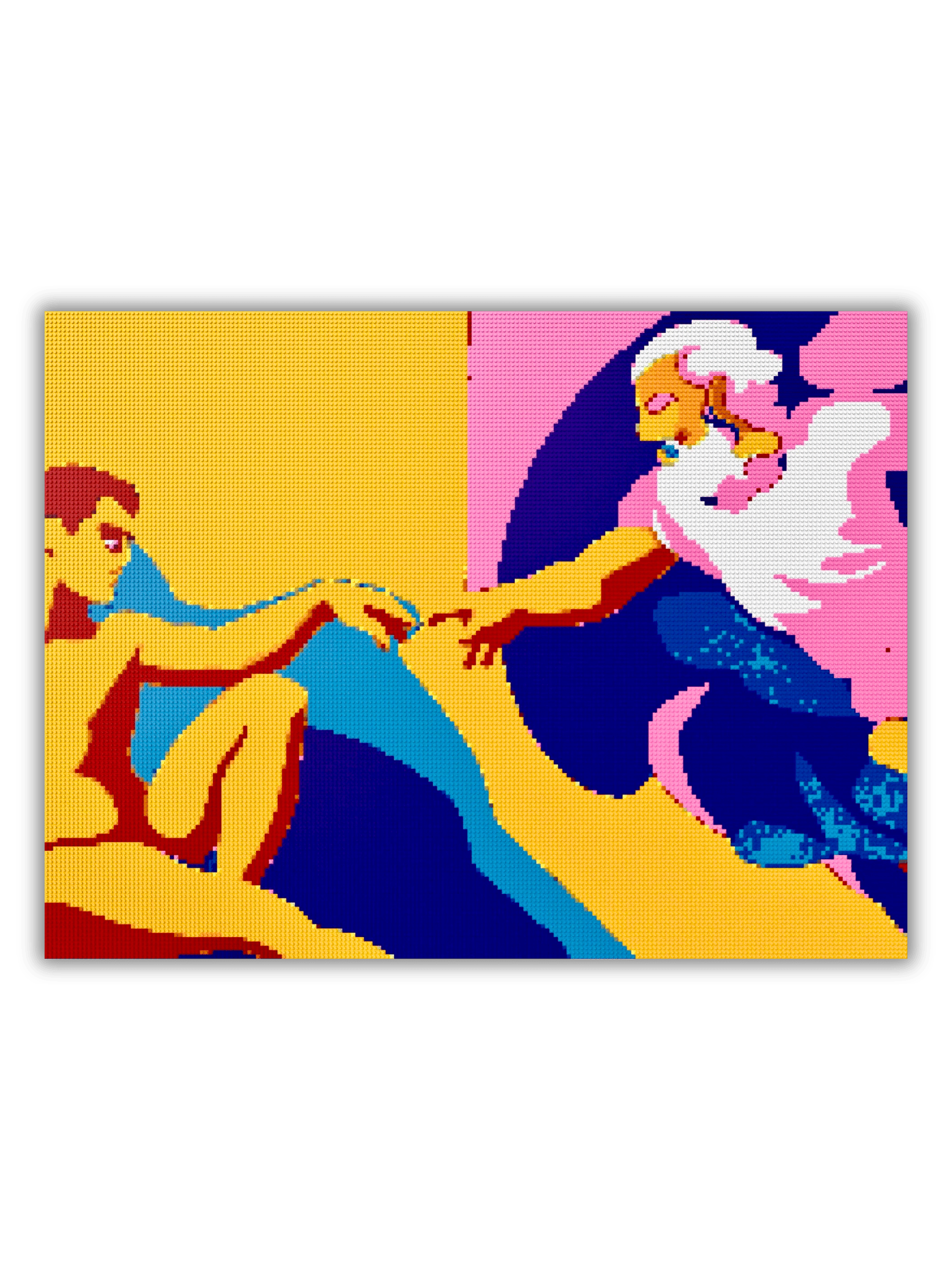 Large-scale LEGO®-style pop-art mosaic reinterpretation of Michelangelo’s The Creation of Adam built from colorful brick elements using original LEGO® colors in a contemporary modern art style.