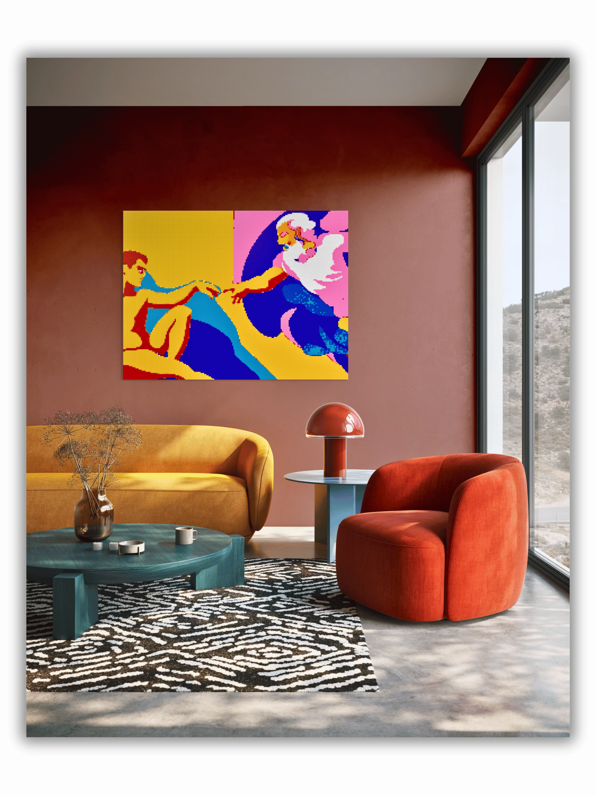 Large LEGO®-style Creation of Adam brick mosaic wall art displayed in a modern luxury living room interior with contemporary furniture and bold pop-art colors.