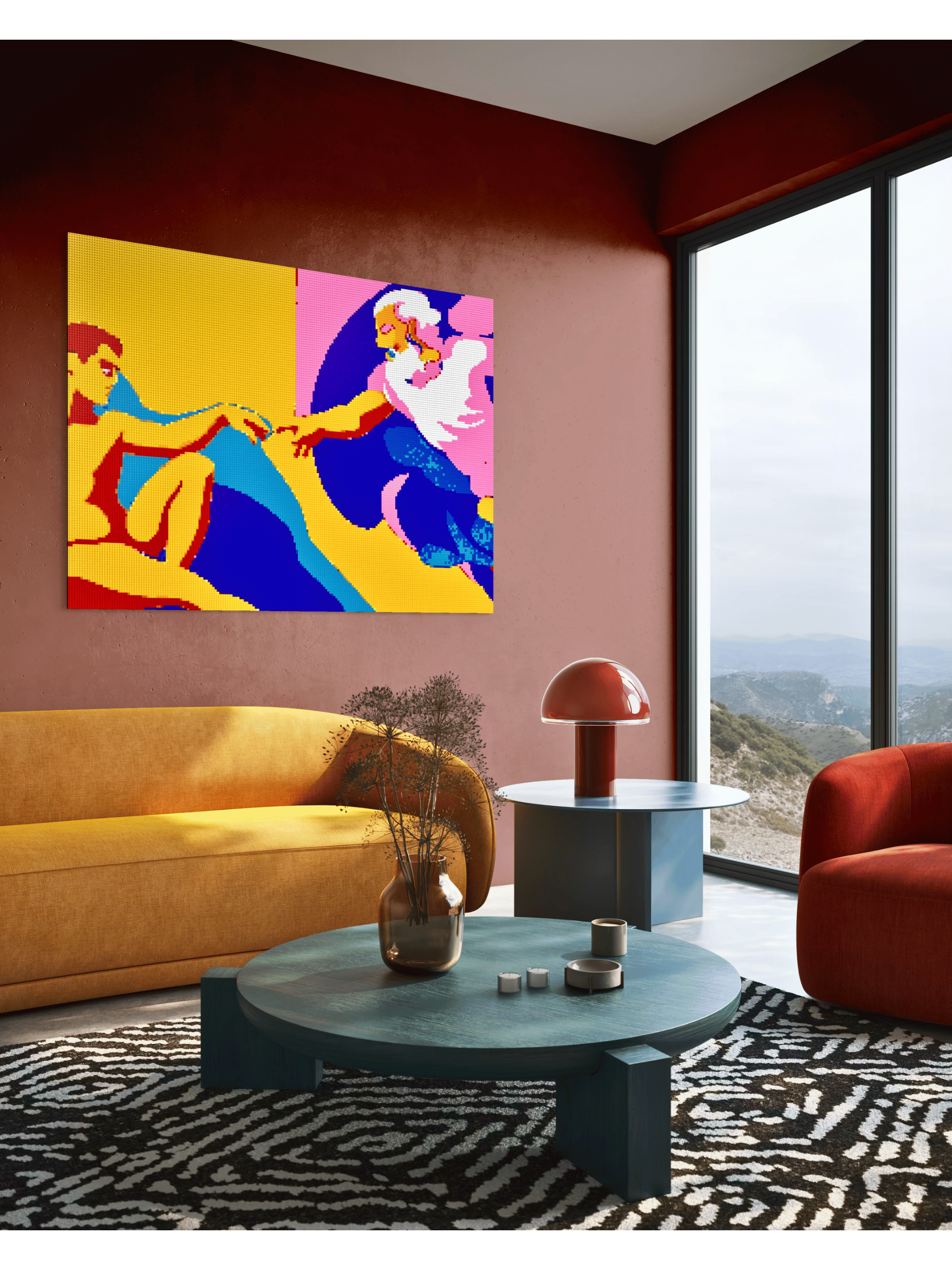 Contemporary interior featuring a large pop-art LEGO®-style mosaic inspired by Michelangelo’s The Creation of Adam displayed as colorful statement wall art in a modern living space.