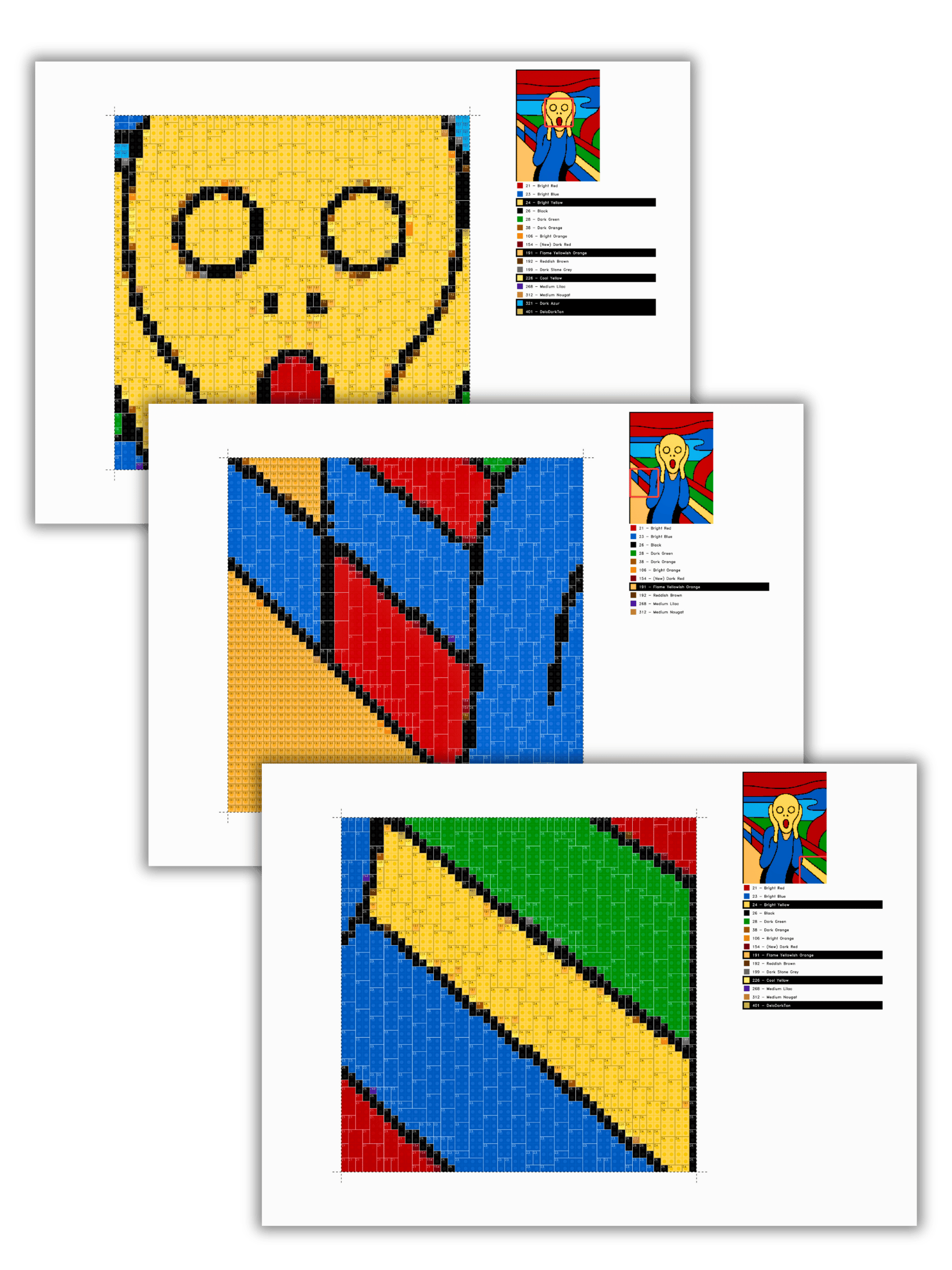 Close-up preview of The Scream LEGO style mosaic build plan and brick structure