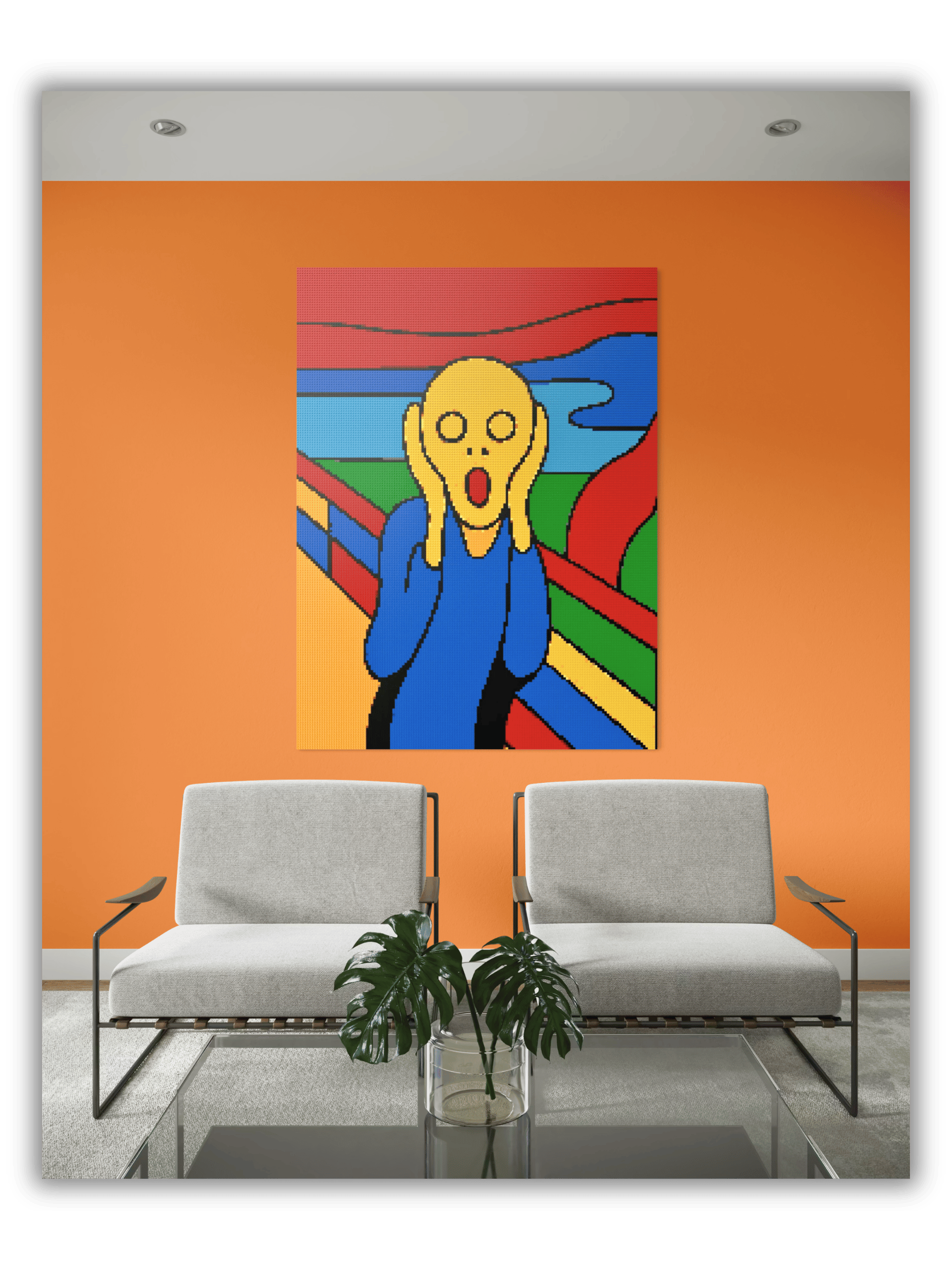 Large LEGO style Pop-Art mosaic of The Scream hanging in a modern interior