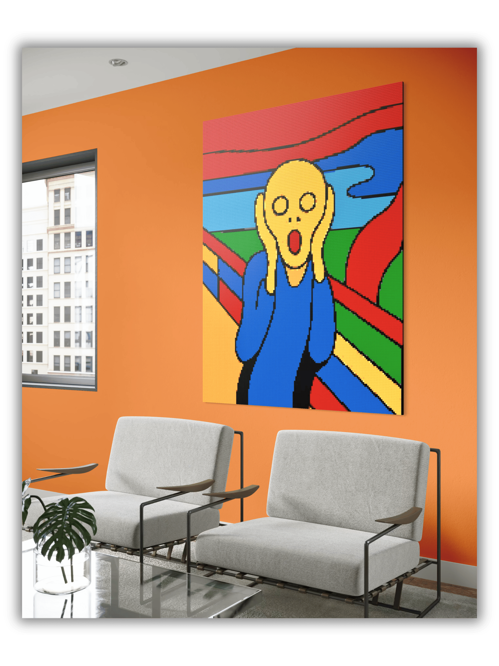 Large LEGO style Pop-Art mosaic of The Scream hanging in a modern interior