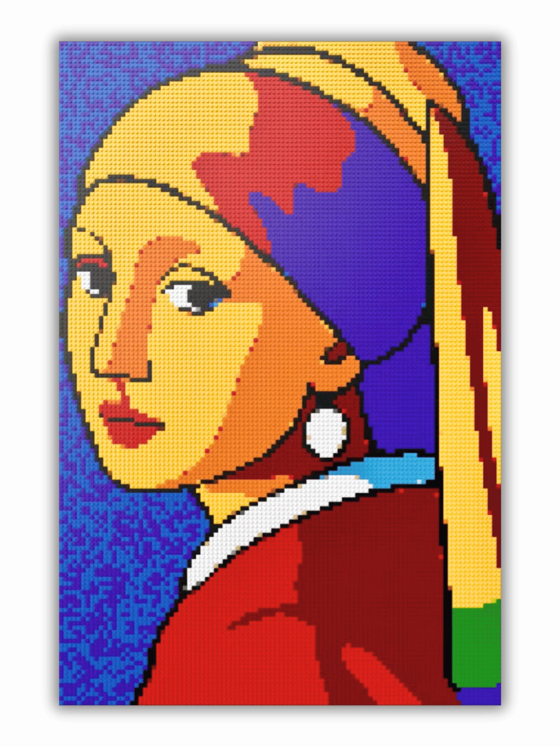 Girl with a Pearl Earring reimagined as a bold pop-art LEGO®-style brick mosaic using vibrant original LEGO® colors in a large-scale 100x150 studs wall art format.