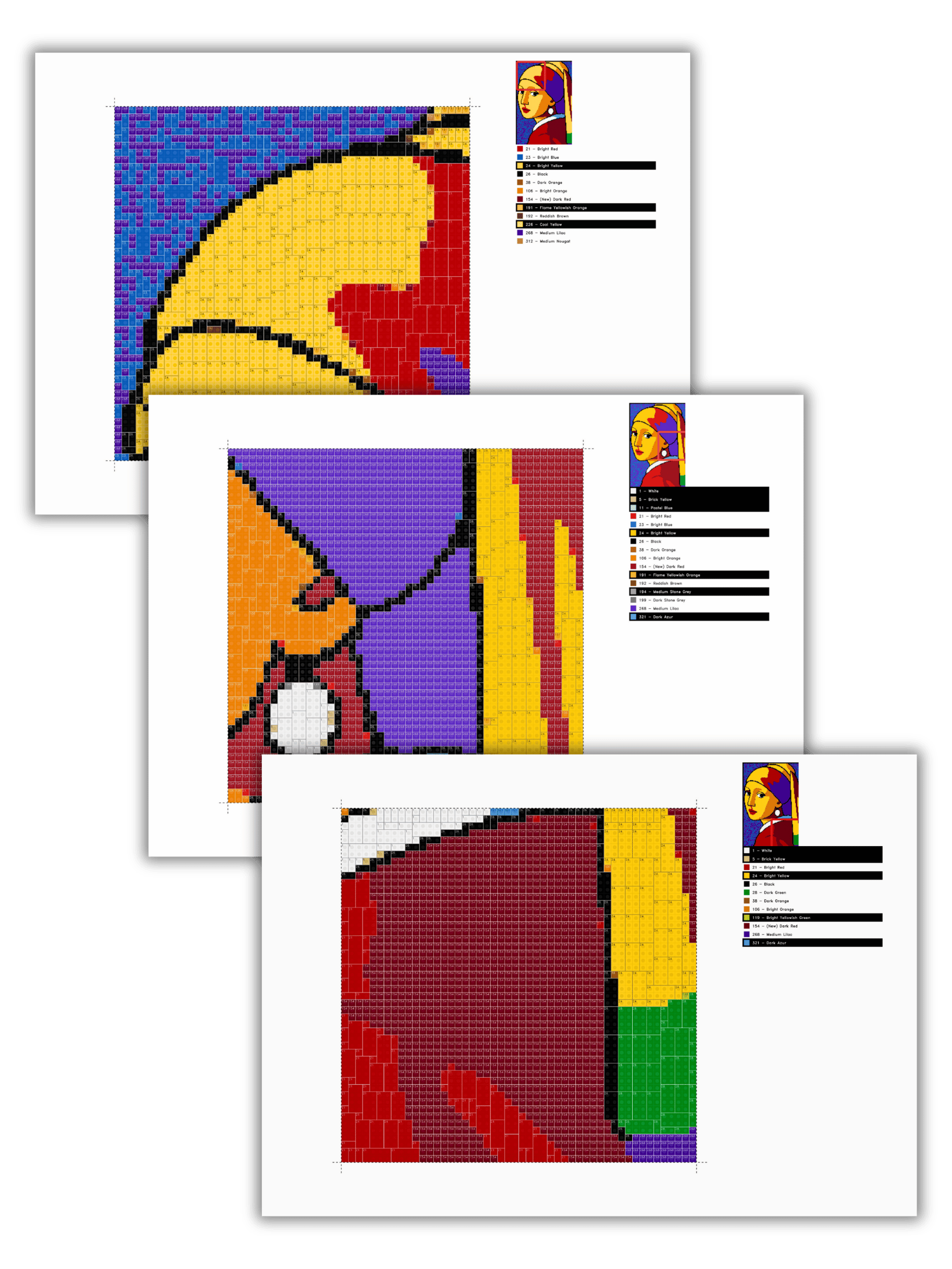 Close-up overview of the Girl with a Pearl Earring pop-art LEGO®-style mosaic build plan showing multiple plate-by-plate sections, color references and structured mosaic building guides for the 100x150 studs wall art reinterpretation.