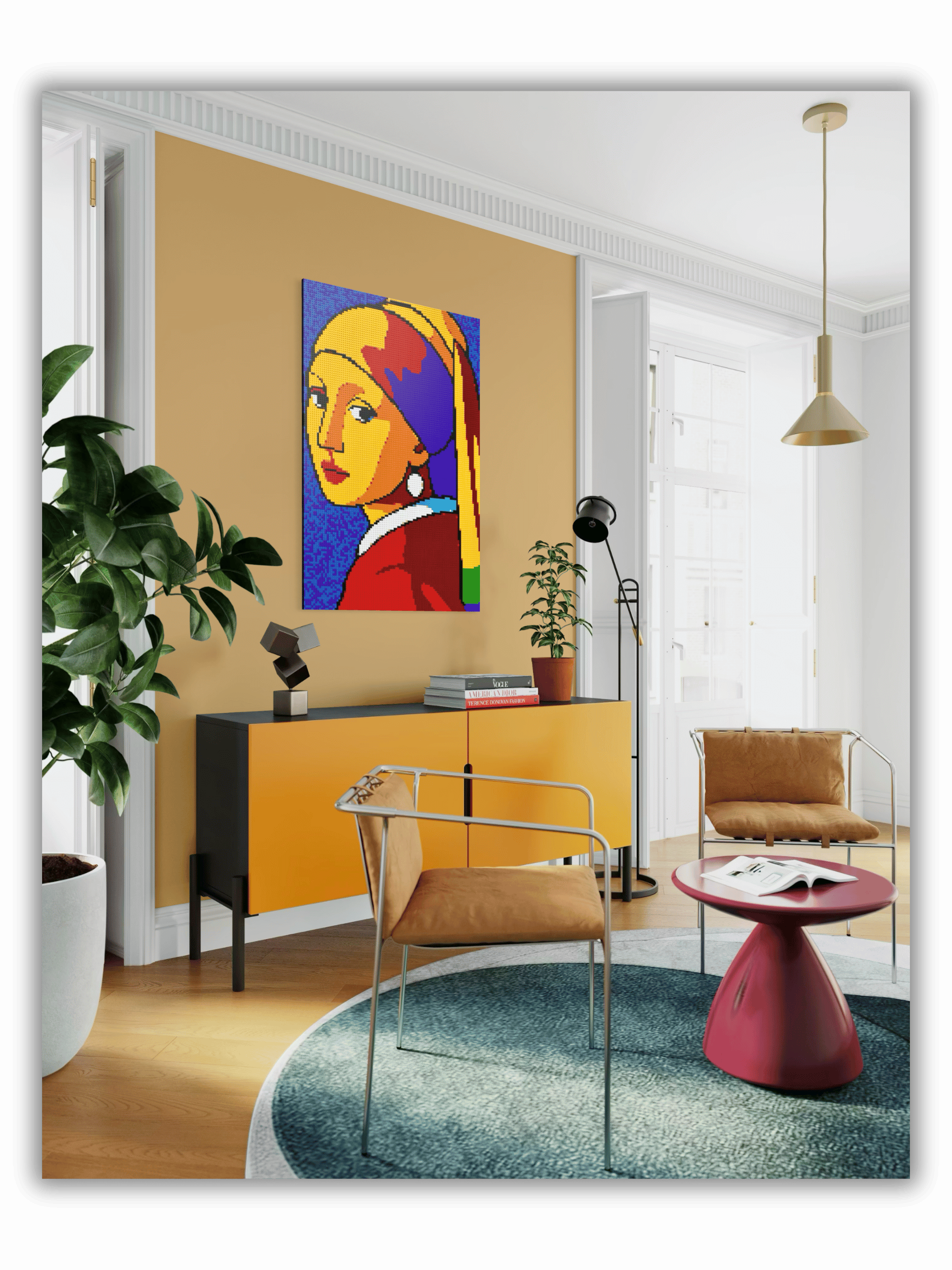 Modern living room interior featuring a Girl with a Pearl Earring pop-art brick mosaic artwork mounted above a mustard-colored sideboard in a bright gallery-inspired space.