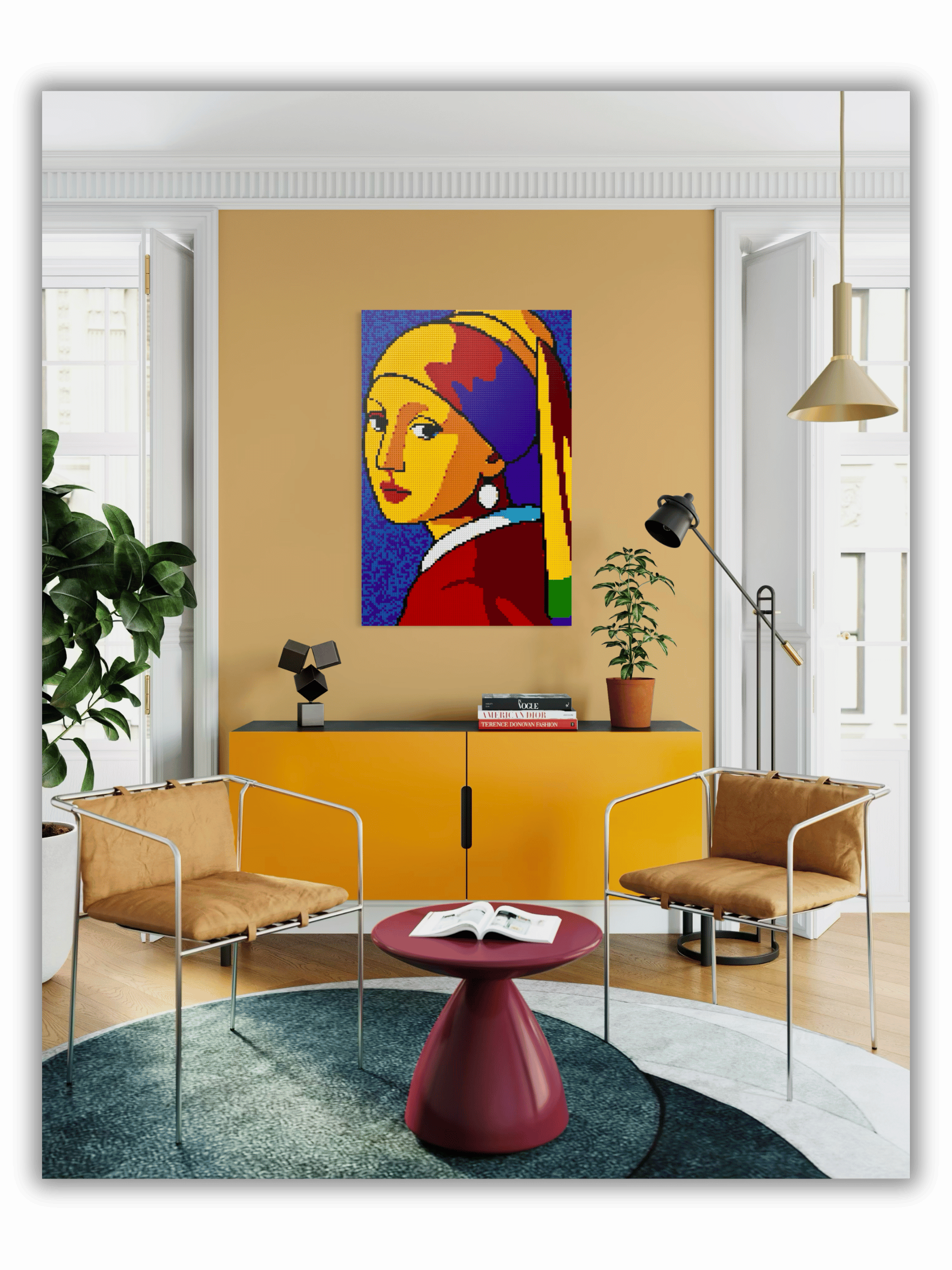 Large-scale Girl with a Pearl Earring pop-art LEGO®-style mosaic displayed as colorful contemporary wall art inside a modern interior with warm tones, minimalist furniture and gallery-inspired styling.