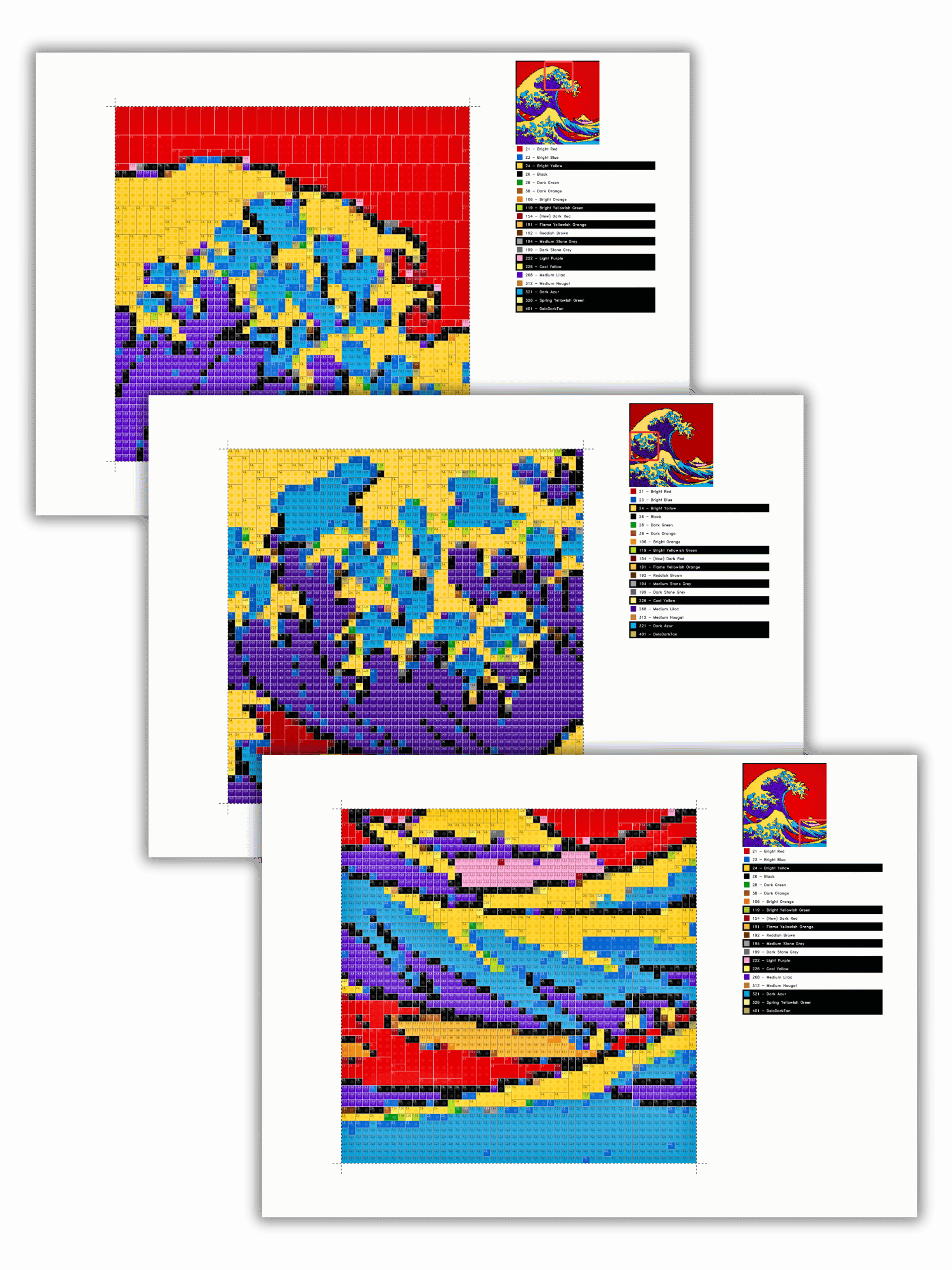 Plate-by-plate build plan preview for a 150x150 studs LEGO®-compatible Great Wave of Kanagawa pop art mosaic, showing detailed section layouts, original LEGO® color references and large-scale mosaic building instructions.