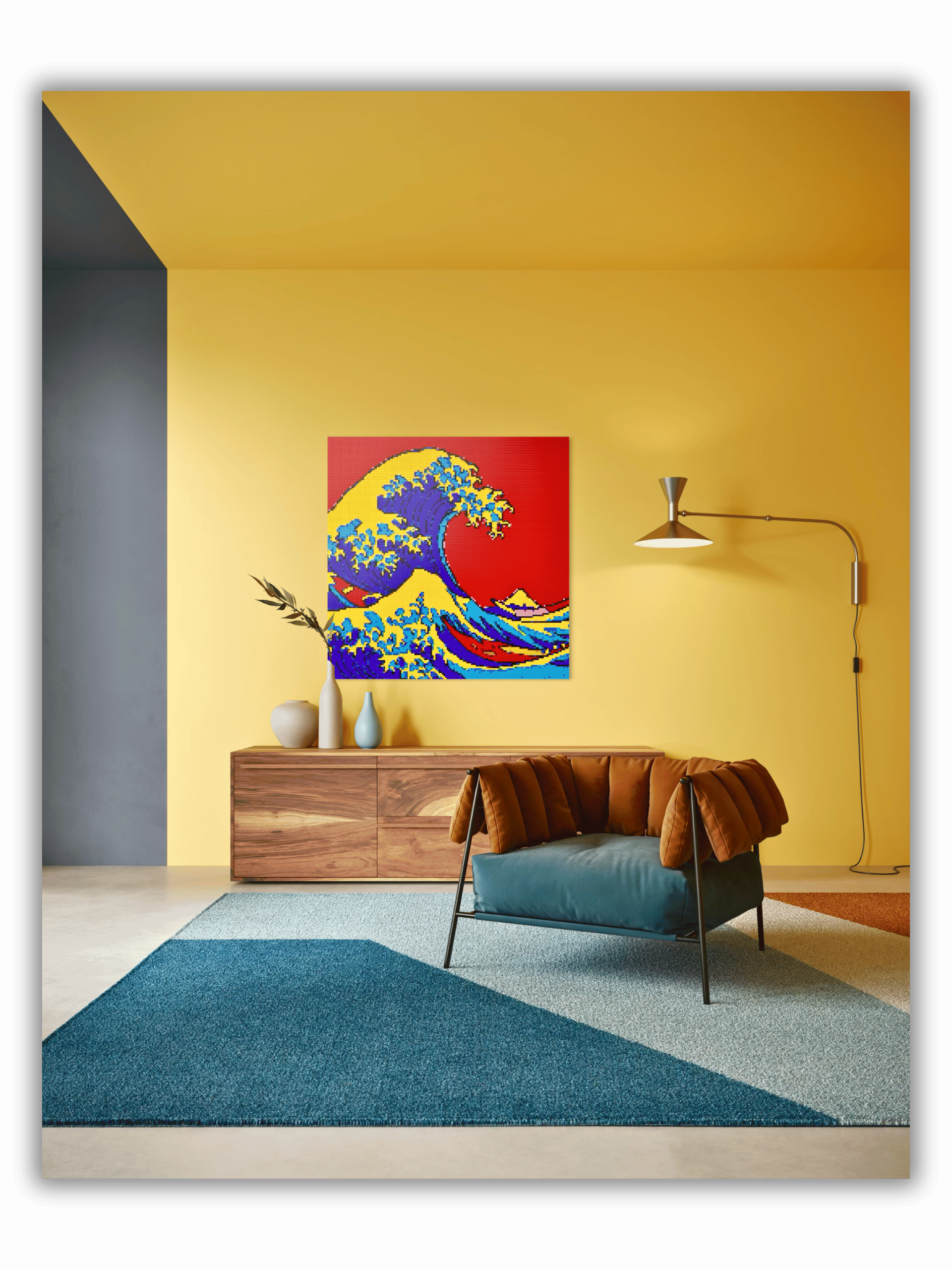 Large LEGO®-compatible Great Wave of Kanagawa pop art mosaic displayed in a modern yellow living room interior with wooden furniture and contemporary design aesthetic.