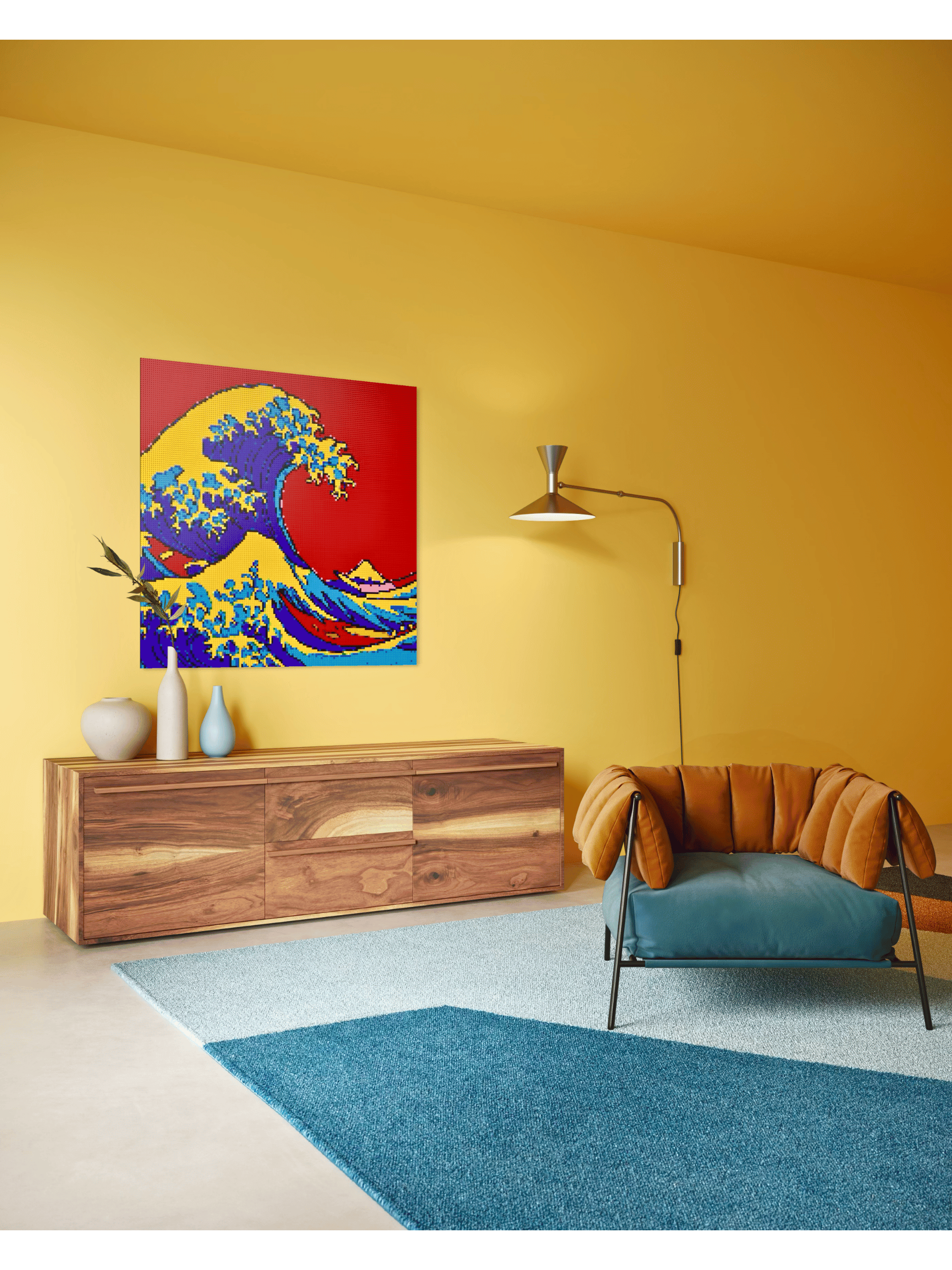Modern interior featuring a large-scale Great Wave of Kanagawa LEGO®-style brick mosaic as statement wall art in a warm contemporary living space.