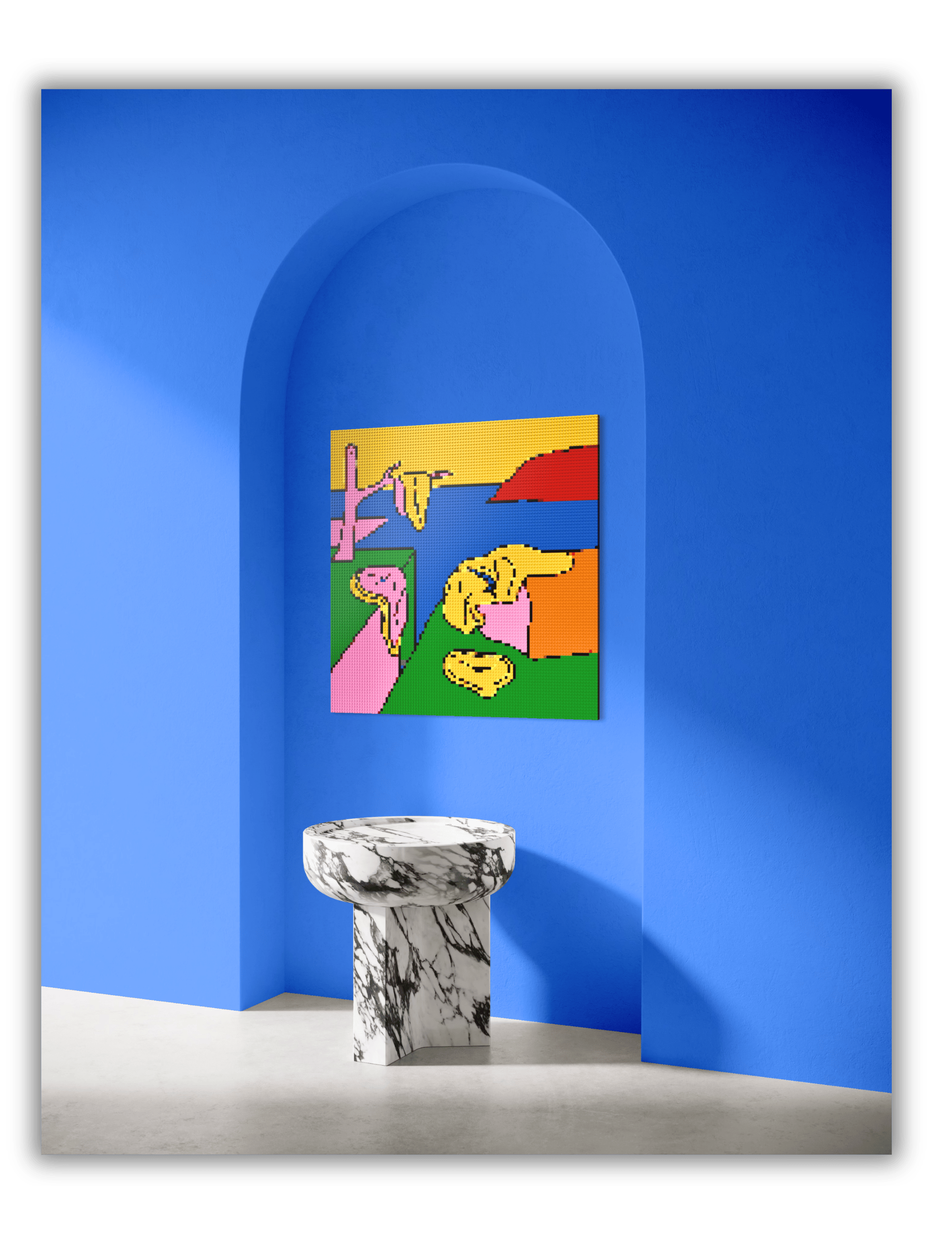 Large-scale surrealist mosaic wall art inspired by Salvador Dalí's The Persistence of Memory showcased in a contemporary architectural interior.