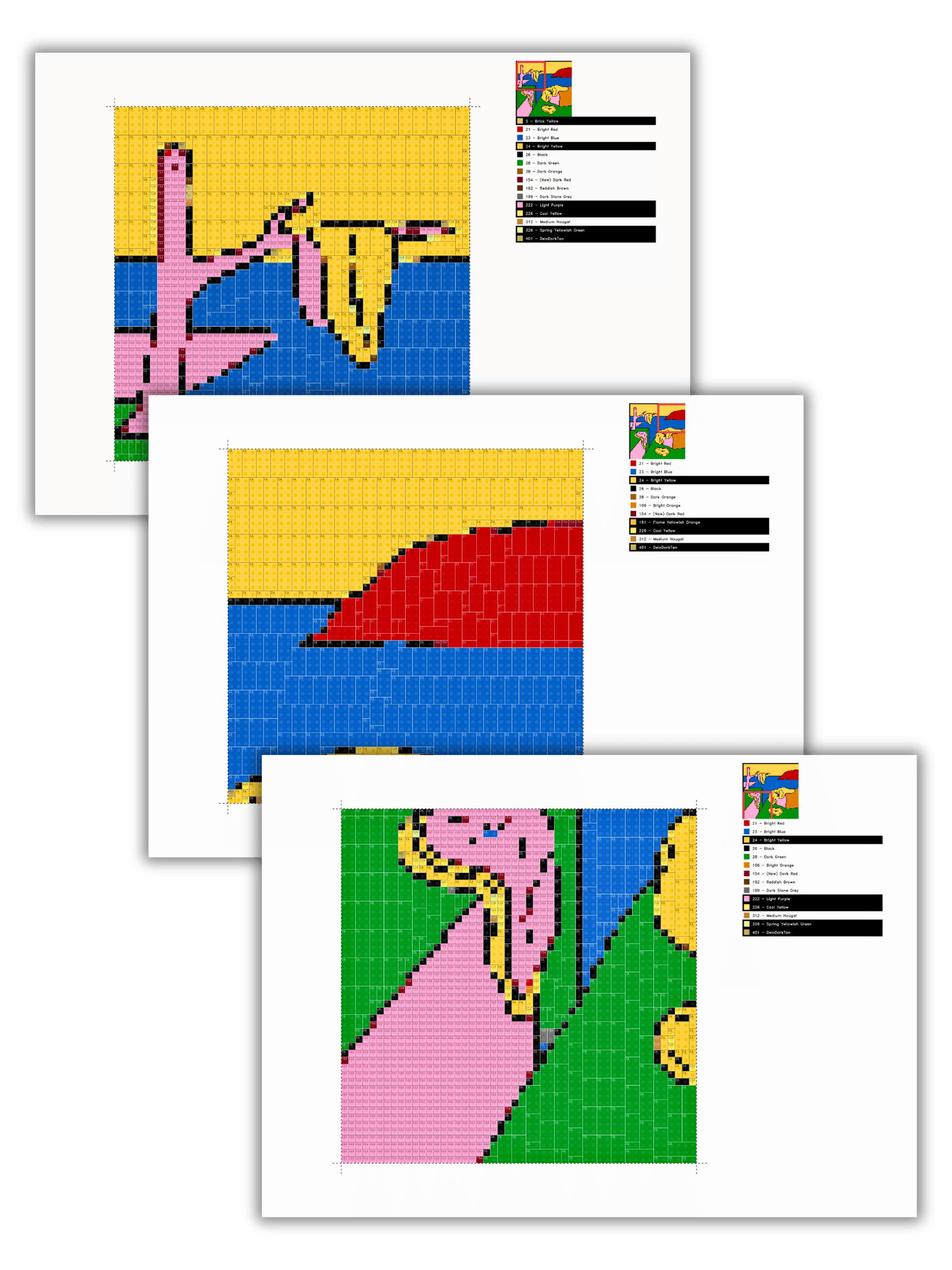 Detailed mosaic build plan for The Persistence of Memory showing plate-by-plate instructions, color references, and building layout.
