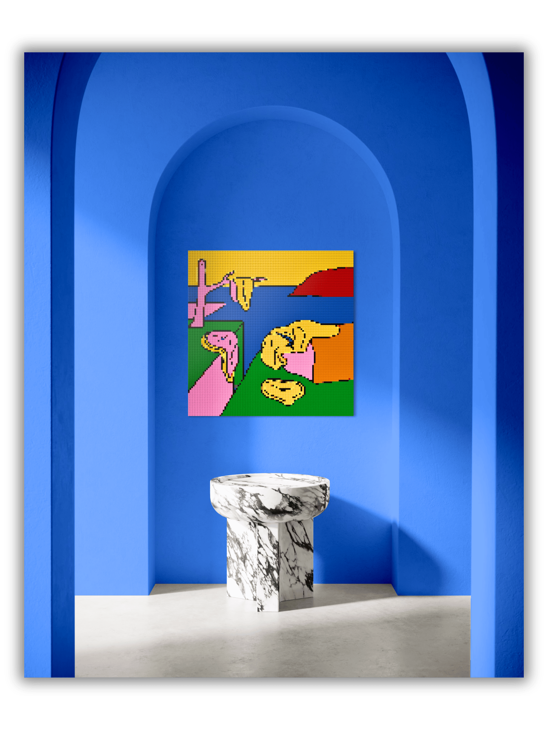 The Persistence of Memory brick mosaic displayed as modern wall art in a blue gallery-inspired interior space.